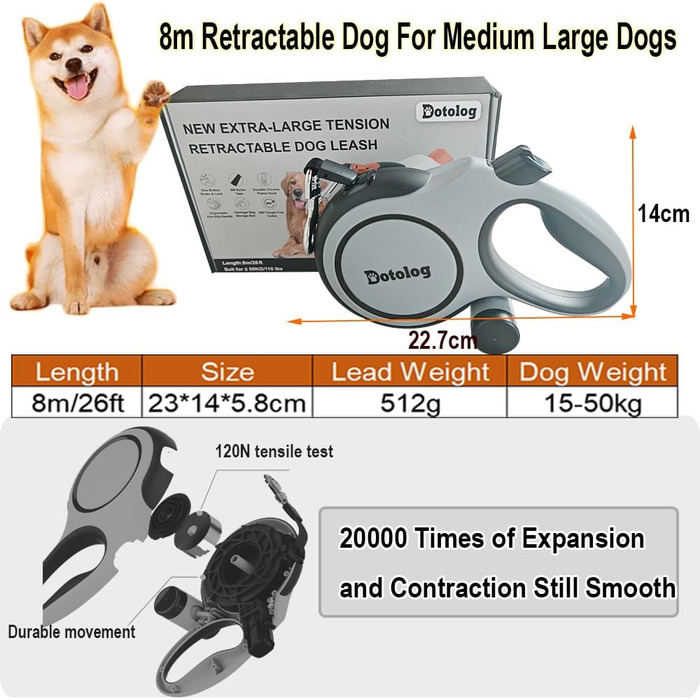 Рулетка для собак Dotolog 8м, висувна повідка для собак середніх та великих порід до 50 кг, повідка-рулетка, сіра/чорна