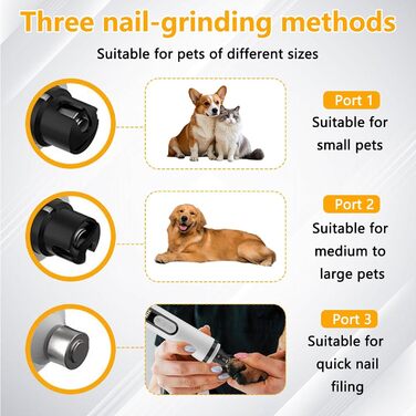 Електричний точило для собачих кігтів, пристрій для шліфування кігтів з LED-підсвічуванням, бездротова зарядка USB, запасні насадки для цуценят, обрізання кігтів для собак та котів (1+2 x запасна насадка)