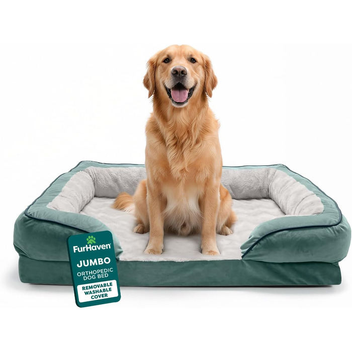 Крісло-лежанка для собак великих порід Furhaven з піною з пам'яті, знімний та пральний чохол, до 81,6 кг, ультра-м'яке штучне хутро та велюр, контурний матрац, XXXL (102 x 71 x 24 см, Celadon Green)