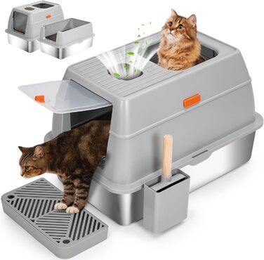 Лоток для котів з нержавіючої сталі KMNSUN XXL з кришкою, дезодоруючий, 61×41×40 см, з совком і педалями, легке очищення