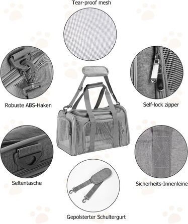 Транспортна переноска для кота та собаки Vuxava, складана, дихаюча, з плечовим ременем та знімним килимком (Сірий, L)