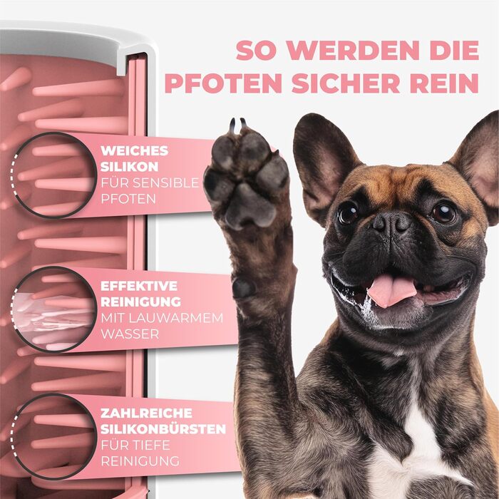 Очисник для лап тварин Maggie & Cooper (розмір S, колір: рожевий) | чисті лапки | з мікрофібровим рушником | 2 розміри | придатний для миття в посудомийній машині | м'які щітки