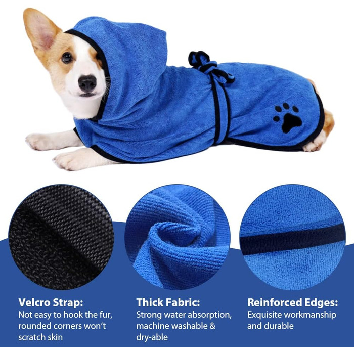 Рушник для собак з капюшоном, вбираючий рушник для сушіння після купання, підходить для собак та котів усіх порід, розмір L (блакитний)