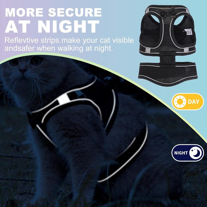 Шлейка та поводок для котів, набір для прогулянок на вулиці, антивислизаюча, регульована, з м'якої дихаючої сітки, легка шлейка для маленьких собак, цуценят, кроликів, чорного кольору