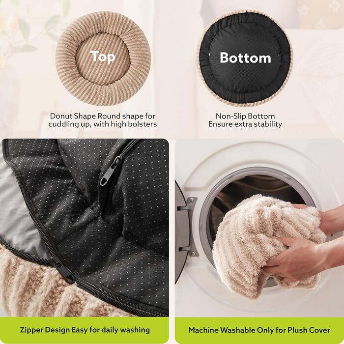 Кругла лежанка для собак Mixjoy, Donut, велика, 91 см, антиковзка, плюшеве штучне хутро, до 40,8 кг, бежева