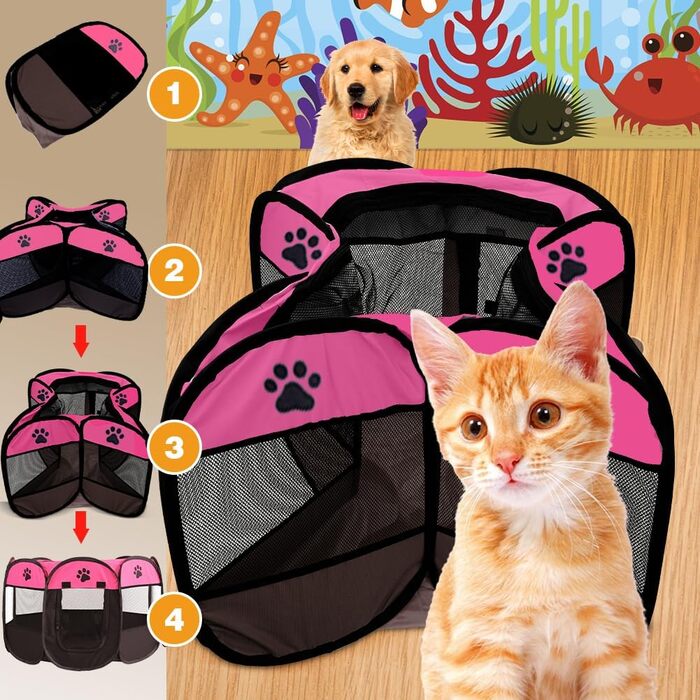 Клітка-забіг для цуценят та тварин, 74x74x43 см. Підходить для собак, котів, кроликів та інших дрібних тварин. Для використання в приміщенні та на вулиці (Рожева)