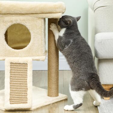 Дерев'яний котячий комплекс PawHut 57 см з будиночком, лежанкою та когтеточкою, іграшкою, для котів до 5 кг, бежевий