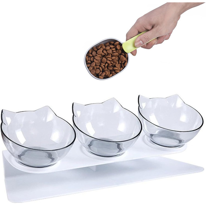 Набір з 3 прозорих мисок для котячого корму з підставкою, ложкою, антиблювотні, підняті миски для котів, цуценят, корму та води, пластикові миски для тварин
