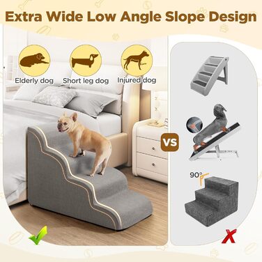 Сходинки для собак Gimars: широкі, міцні, з антиковзким покриттям, для малих та середніх собак, 4 сходинки, сірий колір, знімний чохол