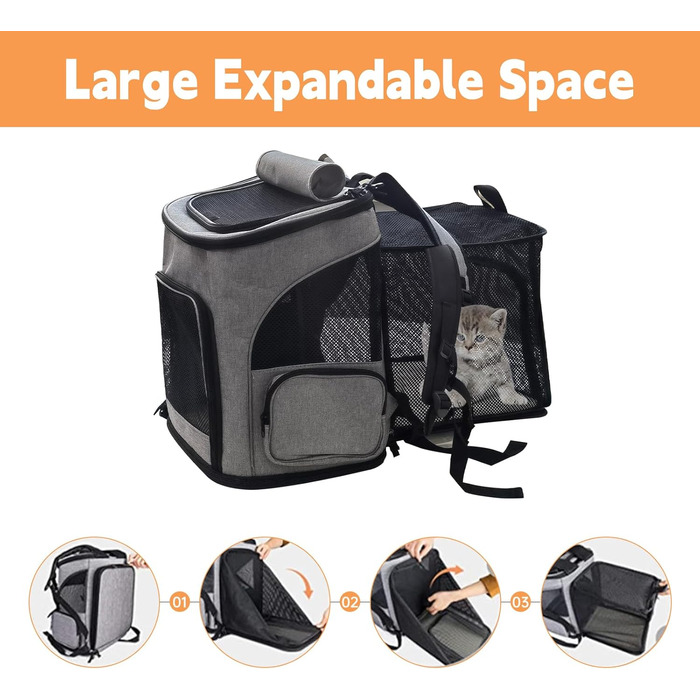 Рюкзак для тварин: переноска для собак та котів до 10 кг, сірий. Розкладний, з 2 матами