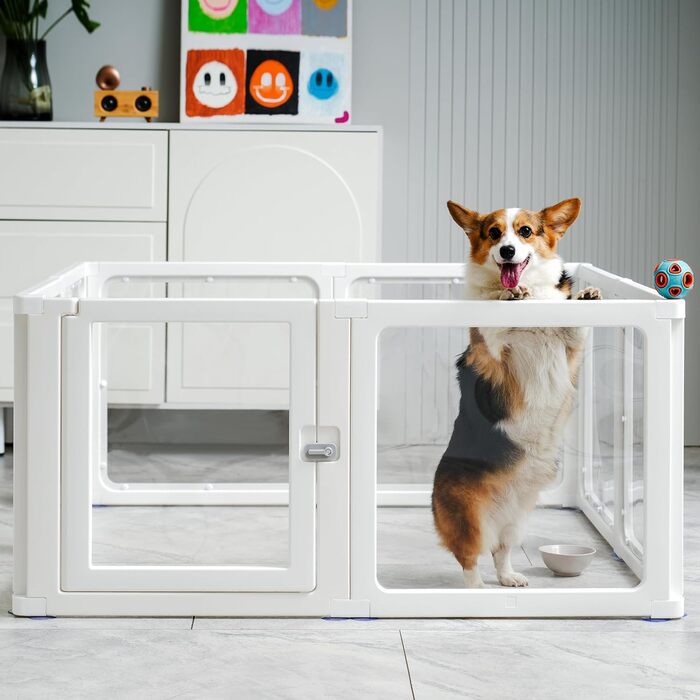 Клітка-вигул для цуценят Kerhouze, 8 шт., 60 см, прозора, для собак, котів, кроликів та інших дрібних тварин, з фіксуючою дверцятами, біла