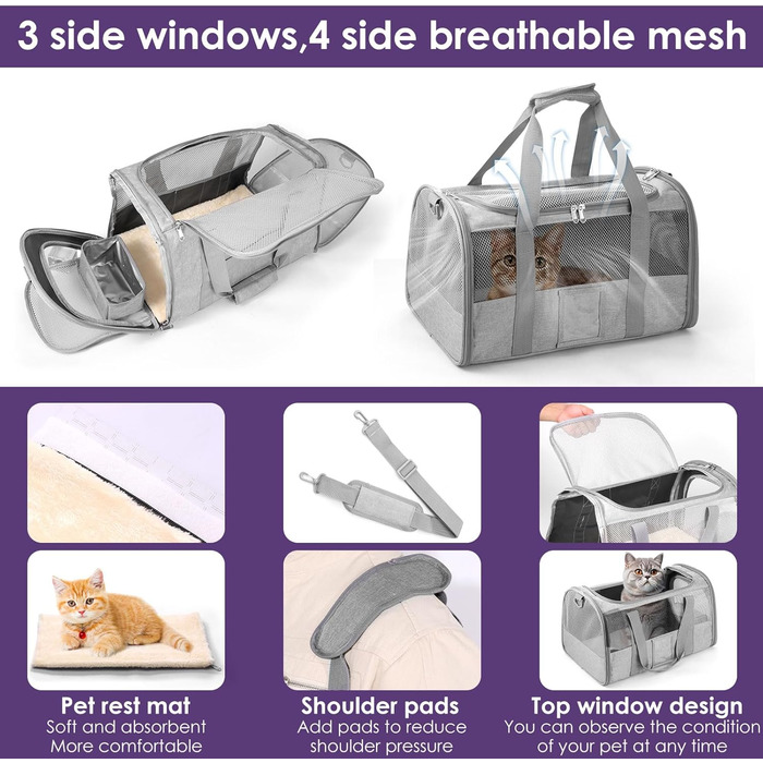 Транспортувальна сумка для тварин Foppla: Оксфордська тканина, дихаюча, складна, з мискою, для котів та собак, для подорожей