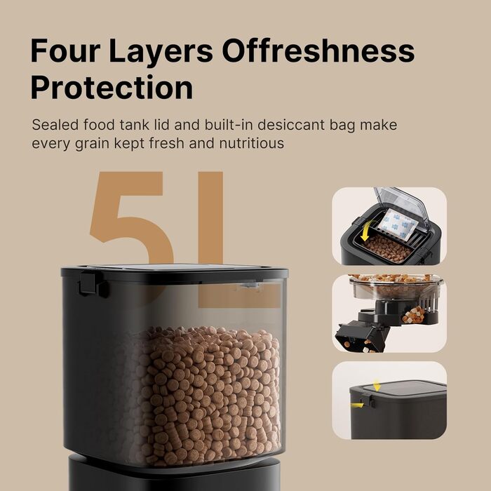 Автоматичний годівник для котів та собак з Wi-Fi, 5л, чорний. Керування через додаток, 1-10 прийомів їжі на день, 2.4GHz / 5GHz