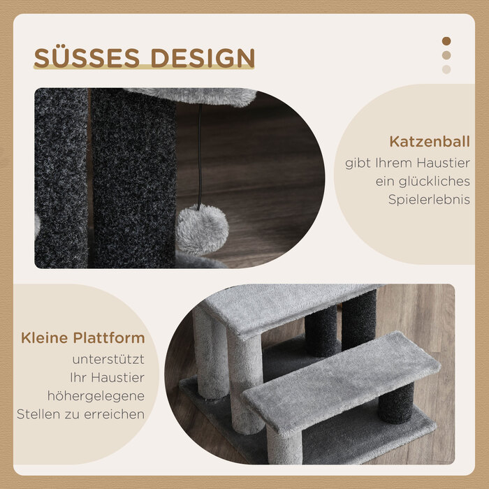 PawHut Cat Stairs Pet Stairs Сходи для собак 3 сходинки з іграшковим м'ячем Плюш сірий 45x40x48см для котів та собак