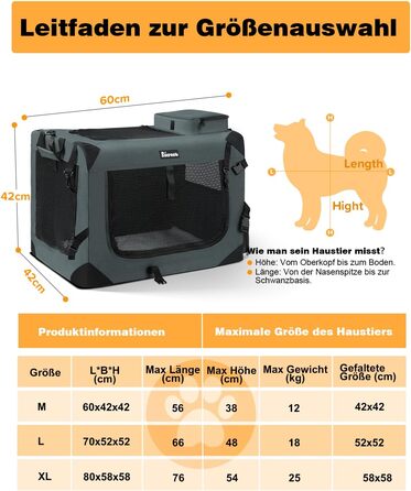 Складана перенесна транспортна коробка для собак і котів Reerooh M 60x42x42 см, сіра, з мискою, для подорожей та авто