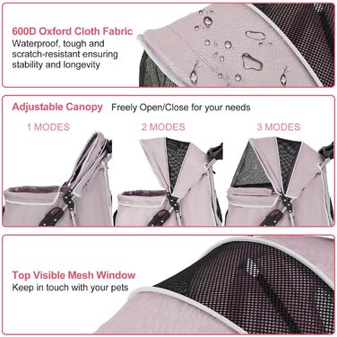 Візок для собак до 15 кг, складний, з кошиком для зберігання, сіткою, захистом від дощу, рожевий