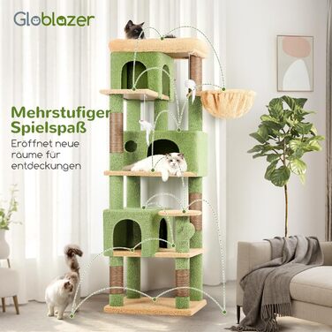 Драбина-будинок для котів Globlazer з кутовою конструкцією, 168 см, 3 будиночки, велика платформа, 5 сизалевих стовпчиків, кошик, іграшки, для 3-4 котів (зелений)
