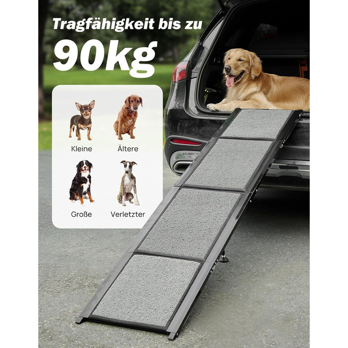 Рампа для собак JOYTUTUS складна, для авто, SUV та вантажівок, до 90 кг, для великих, середніх та маленьких тварин (180 x 44 см), алюмінієва рамка