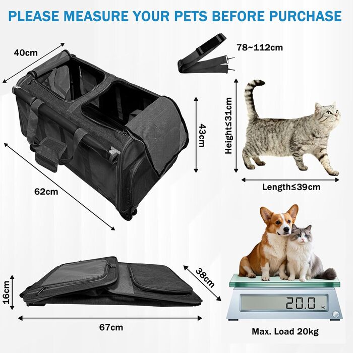 Транспортна переноска для котів та собак на 20 кг з 2 відділеннями, колесами та телескопічним ручками (чорна)