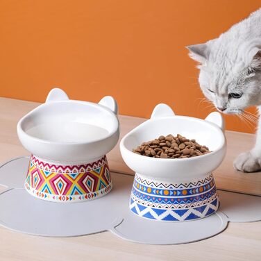 Котло propositions для котів TIGOADT: керамічна годівниця з підставкою, широка та нахилена, проти блювоти, для кошенят та дорослих котів (блакитно-білий візерунок, візерунок Бохо)