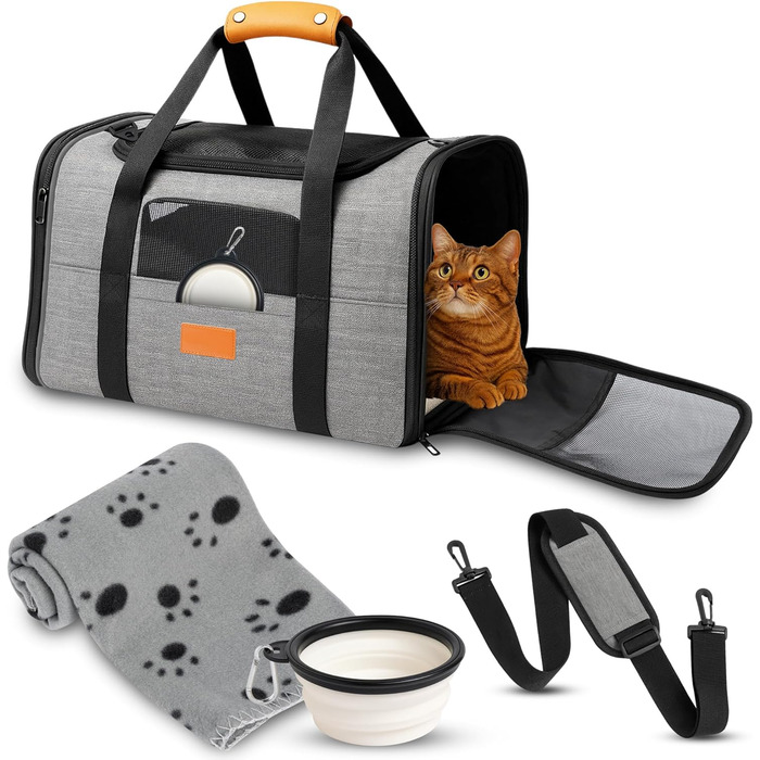 TREKAM Транспортний бокс для котів та маленьких собак з мискою, ковдрою, ременем на плече та м'якою підкладкою - для автомобіля та літака