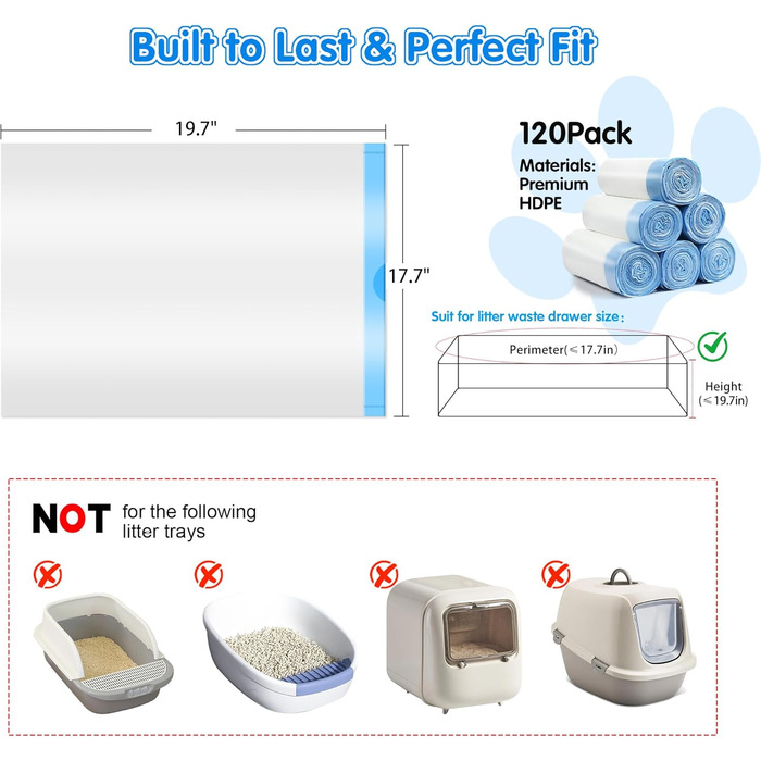 Підкладки для котячого туалету самоочищення, сумісні з MeoWant MW-SC01, MW-SC02, з шнурком, міцні контейнери для сміття, 45 x 50 см, 120 шт.
