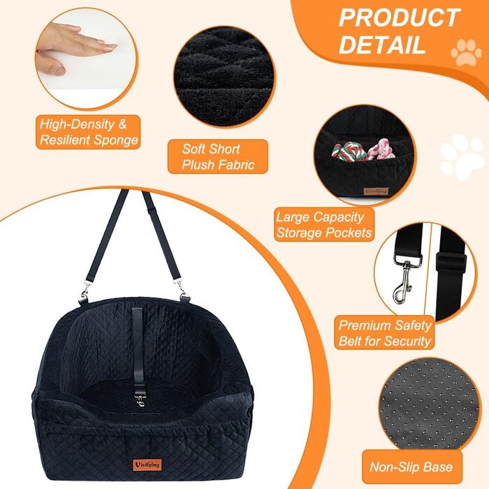 Автокрісло для собак маленьких та середніх порід, чорне. Зручне автоліжко з піднятою платформою, знімний чохол та кишені для аксесуарів. Підходить для собак до 13,6 кг.