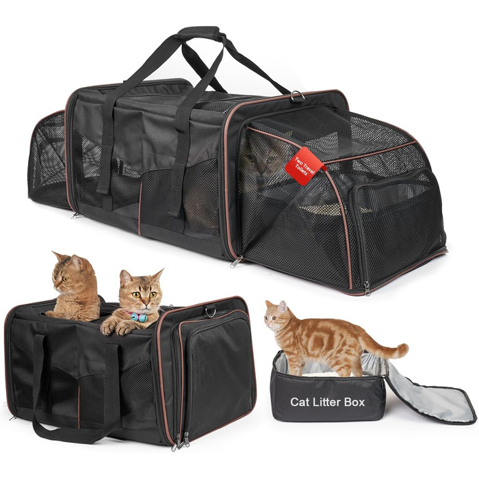 Транспортна переноска для котів на 2 котів, чорна, розширювана, до 15,9 кг. Ідеально для подорожей, кемпінгу та піших прогулянок