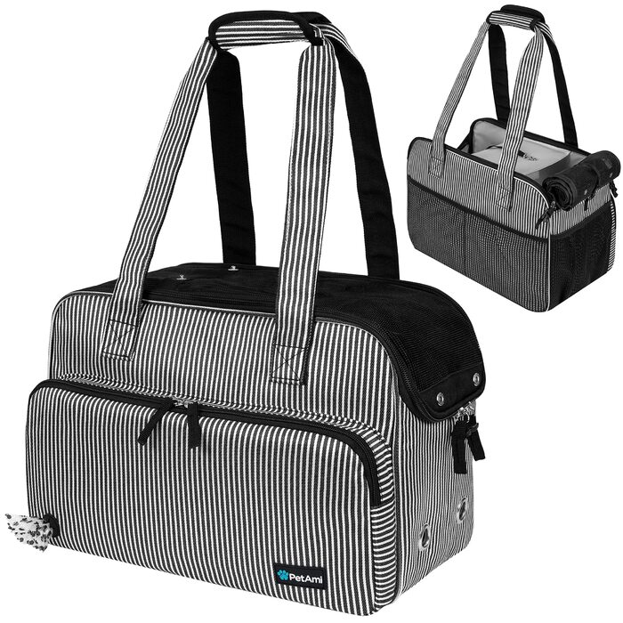 Сумка-переноска для тварин PetAmi, м'яка, з кишенями, для собак, кошенят та великих котів, дозволена для перельотів, з дихаючою сіткою, дозатор для відходів, до 8,2 кг, в смугастих кольорах, чорно-біла