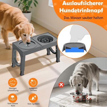 Набір мисок для собак X-BEN 3-в-1: миска для води з захистом від пролиття 1.4L, миска від захлипування 1L, годівниця з 5 рівнями регулювання висоти, для середніх та великих собак, антиковзаюча, сіра