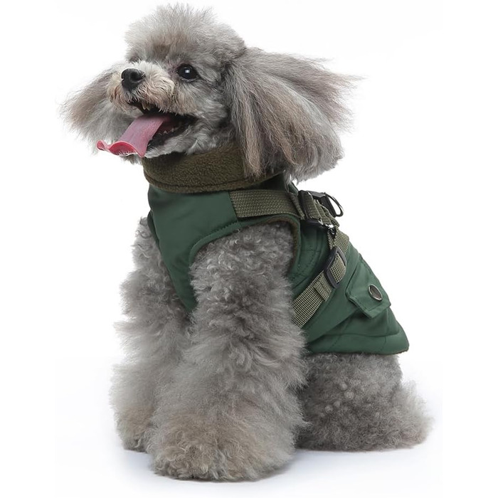 Вітростійка куртка для собак, тепла жилетка для цуценят та собак середніх розмірів, зелена, XL. З D-початком та блискавкою на спині.