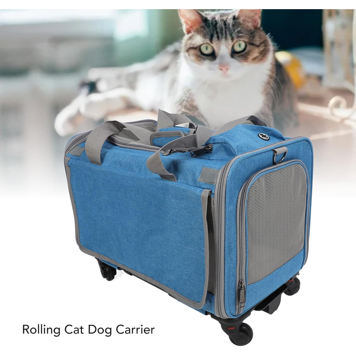 Транспортна переноска для котів та собак на колесах, складана, з телескопічною ручкою, синього кольору