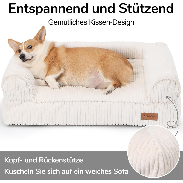 Крісло-ліжко для собак великих порід FUKUMARU, м'яке та зручне, з водонепроникним покриттям, з тканини корд, можна прати, не слизьке, знімний чохол на блискавці, 93 x 63 x 22 см, кремовий колір