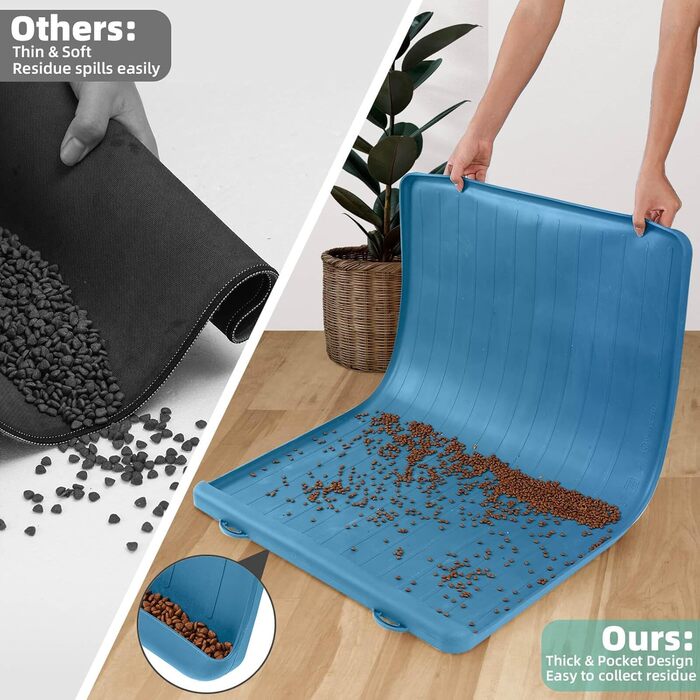 Килимок для корму та води для собак та котів, 100x68.6 см, з кишенькою для збору залишків, водонепроникний, з високими бортиками, Marineblau (морський блакитний)