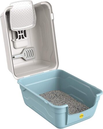 Туалет для котів Cat Centre з кришкою, лотком, дверцятами, совочком та вугільним фільтром для великих котів, 52 x 40 x 40 см (Сірий + сірий килимок)