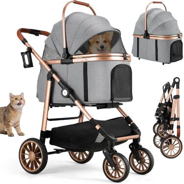 Візок для собак MAMIZO 4-в-1, до 25 кг, з амортизаторами, складний, для котів та собак (сірий)