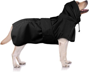 Водонепроникний дощовик для собак XXL, чорний, з капюшоном та отвором для повідка, з відбиваючими смугами, для великих порід (Лабрадор, Голден Ретрівер, Німецька вівчарка, Боксер)