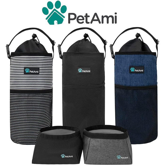 Сумка для корму для собак PetAmi | Сумка-переноска для сухого корму з розкладним набором мисок для води | Контейнер для корму для домашніх тварин для подорожей, кемпінгу, походів, аксесуари (чорний, сірий) Food Bag & Collapsible Bowls Чорний