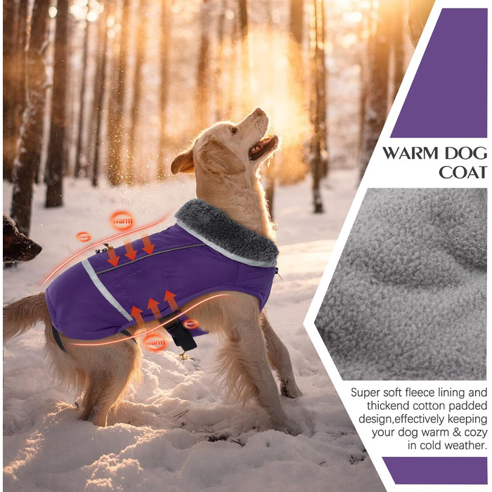 Зимовий теплий одяг для собак QBLEEV: водонепроникна куртка з флісовою підкладкою, для холодної погоди, універсальний розмір L, фіолетовий
