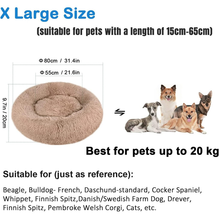 Зручне заспокійливе ліжко для собак, велике, миється, Anti-Angst, ліжко-подушка Donut, розкішне, тепле, м'яке, покращений сон, дивовижне ліжко для котів, затишне, неслизьке дно, кругле, ліжко для цуценят Ø 80cm Зовнішній діаметр (XL), Бежевий / Коричневий