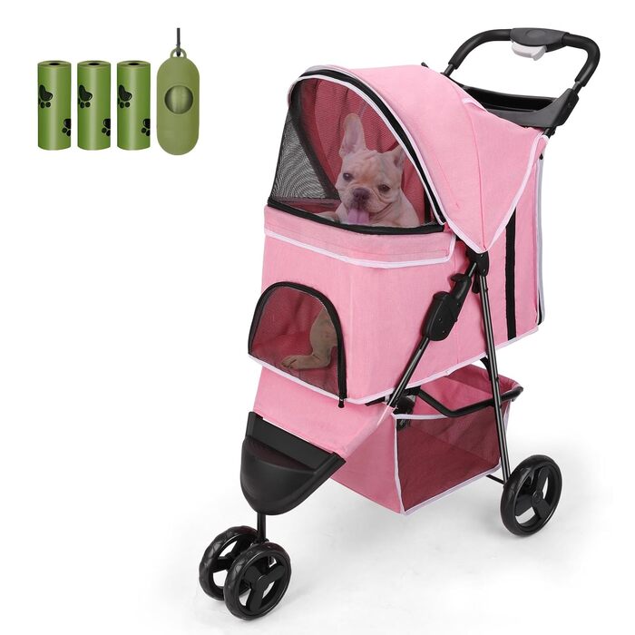 Візок для собак Wedyvko, 15 кг, рожевий, легкий, компактний, з аксесуарами, EVA-колеса