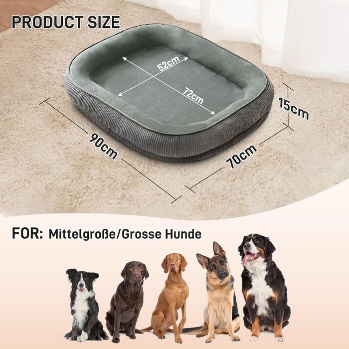 Ліжко для собак середніх та великих порід з високими бортиками, знімний та пральний чохол, кошик для собак, зручна подушка з роликом для шиї, неслизьке дно