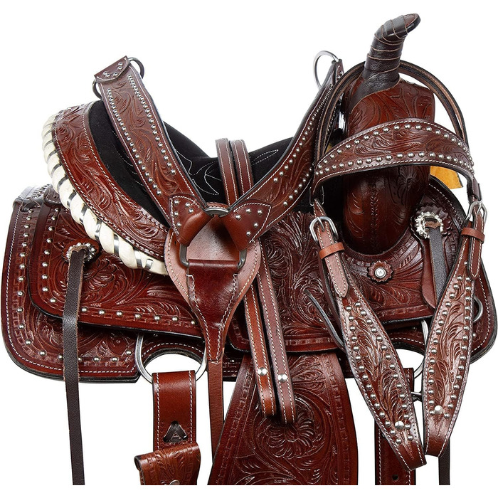 Вестерн-сідло Barrel Racer з тисненням для шоу, прогулянок і трейл-райдингу, шкіра, розмір для коня і поні, сидіння 25,4-45,7 см