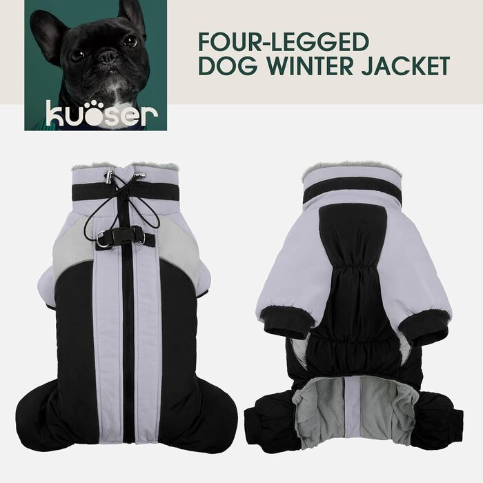 Водонепроникний собачий плащ Kuoser для маленьких собак - теплий зимовий плащ з шлейкою та світловідбиваючими деталями, чорний, розмір M