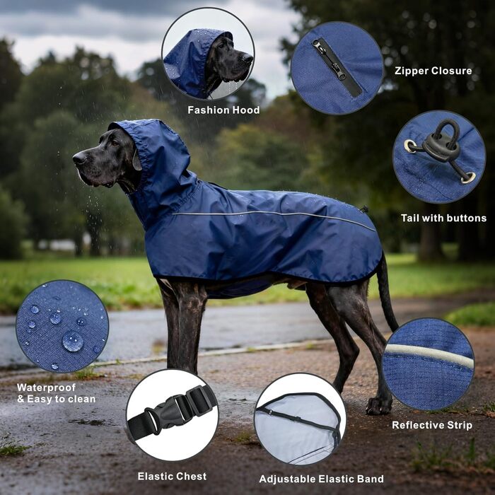 Дощовик для собак Mosucoirl: водонепроникний дощовик з регульованою капюшоном та отвором для повідка (Navyblau, L)