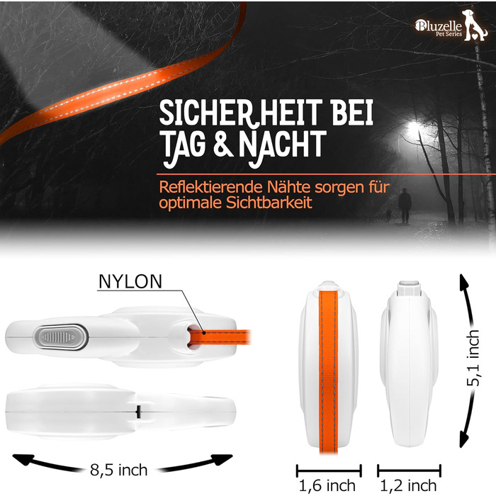 Блузель 8м Рулетка для собак до 50 кг, Неонова жовта рулетка з відбивачем, карабін 360°, ергономічна ручка з гумою та стопором