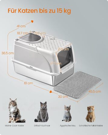 Лоток для котів Feandrea з кришкою зі сталі (нержавіюча сталь), XL, для котів до 15 кг, світло-сірий