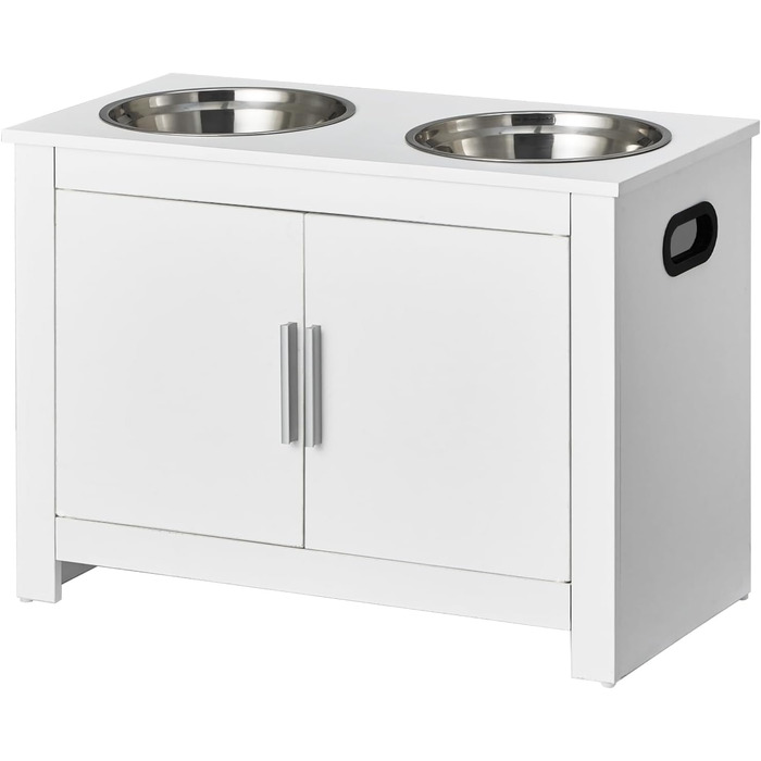 VEVOR шафа-кормниця для собак з 2 нержавіючими мисками 60x30x44 см, підвищена станція для годування з місцем для зберігання, біла, для великих собак