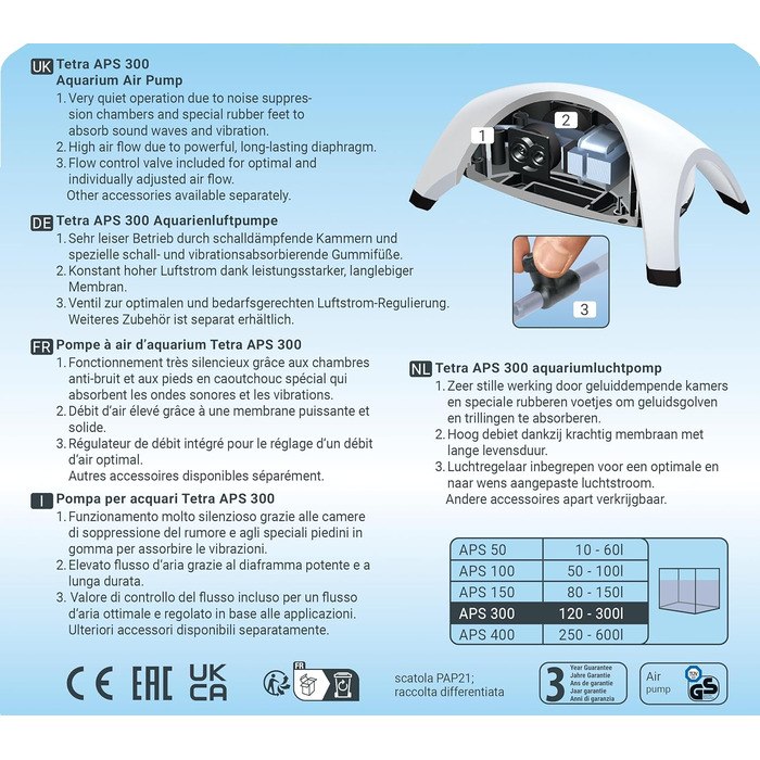 Tetra APS 300 тиха мембранна помпа для акваріума 120-300 л, біла
