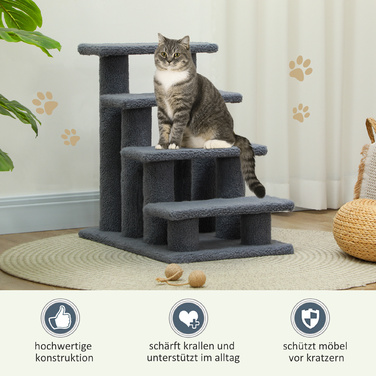 PawHut Pet Stairs Cat Stairs Сходи для собак 4 сходинки сірі 63.5x43x60см для кішок і собак, ідеально підходять для людей похилого віку та маленьких тварин